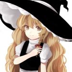  1girl big_hair blonde_hair braid commentary flat_chest hat highres kirisame_marisa long_hair looking_at_viewer playing_with_own_hair puffy_short_sleeves puffy_sleeves short_sleeves side_braid single_braid smile solo touhou very_long_hair vest wavy_hair witch_hat yellow_eyes yururi_nano 