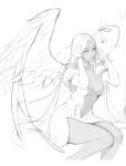  aa_megami-sama breasts center_opening elbow_gloves facial_mark forehead_mark gloves greyscale gtunver highres large_breasts long_hair looking_at_viewer monochrome urd wings work_in_progress 
