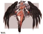  1girl animal_ears baphome black_wings breasts dark_skin demon_girl demon_horns detached_sleeves dripping full_body green_eyes highres horns long_hair looking_at_viewer navel original panties pentacle revealing_clothes silver_hair simple_background single_thighhigh smile solo thigh-highs tiara under_boob underwear vana very_long_hair white_legwear white_panties wings 