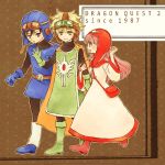  1girl blonde_hair blue_eyes breasts closed_mouth commentary_request dragon_quest dragon_quest_ii goggles goggles_on_head goggles_on_headwear hood long_hair multiple_boys prince_of_lorasia prince_of_samantoria princess_of_moonbrook short_hair spiky_hair white_robe yukaris 