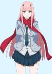  1girl aqua_eyes arms_behind_back breasts darling_in_the_franxx hairband highres horns jacket long_hair looking_at_viewer necktie pink_hair plaid plaid_skirt scarf school_uniform shirt sidelocks simple_background skirt solo standing sungose white_hairband white_shirt zero_two_(darling_in_the_franxx) 