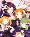  4girls black_hair blonde_hair braid closed_eyes collar ensemble_girls! eyepatch frilled_collar frills fujii_shizuku green_eyes green_hair hair_ornament hair_ribbon hairclip hat kuromori_suzu long_hair multiple_girls nail_polish orange_hair red_eyes ribbon sanomi_yaha short_hair short_twintails shorts smile sone_seira tsukinaga_ruka twintails 