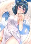  1girl angel angel_wings armlet ayame_shino bangs blue_hair blush bracelet commentary_request covered_navel dress feathered_wings feathers halo hand_up highres jewelry long_hair looking_at_viewer love_live! love_live!_sunshine!! nose_blush open_mouth pelvic_curtain side_bun solo thighlet tsushima_yoshiko violet_eyes white_dress white_feathers white_wings wings 