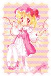  1girl bangs blonde_hair blush bow crystal dress flandre_scarlet food foot_dangle fork form hat hat_bow high_heels holding holding_fork holding_plate knees_together lace_border looking_at_viewer mob_cap neck_ribbon one_side_up pantyhose pigeon-toed pink_bow pink_dress pink_footwear pink_hat plate red_bow red_eyes ribbon ribbon-trimmed_bow sitting solo strawberry_shortcake striped striped_background striped_bow tongue tongue_out touhou white_legwear wings zatsuni 