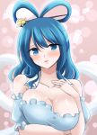  1girl :o blue_dress blue_eyes blue_hair blush breast_lift breasts cleavage detached_sleeves dress hair_ornament hair_rings hair_stick head_tilt highres hisin jewelry kaku_seiga large_breasts looking_at_viewer medium_hair puffy_detached_sleeves puffy_sleeves ring short_sleeves solo strapless strapless_dress touhou vest wedding_band 