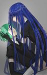  androgynous bangs blue_eyes blue_hair blunt_bangs closed_eyes colored_eyelashes elbow_gloves gem_uniform_(houseki_no_kuni) gloves green_hair highres hime_cut holding_another&#039;s_head houseki_no_kuni lapis_lazuli_(houseki_no_kuni) light_smile long_hair necktie phosphophyllite short_hair sitting sitting_on_lap sitting_on_person spoilers thigh-highs 