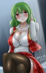 1girl absurdres adjusting_hair black_legwear blush breasts cleavage dated green_hair highres hisin kazami_yuuka large_breasts legs_crossed looking_at_viewer medium_hair parted_lips plaid plaid_skirt plaid_vest red_eyes signature sitting skirt smile solo thigh-highs touhou undone_ascot vest 