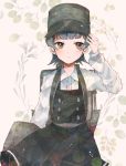  1girl arare_(kantai_collection) armor belt black_hair blush brown_eyes dress floral_background hat itomugi-kun kantai_collection looking_at_viewer medium_hair remodel_(kantai_collection) school_uniform shirt solo turret white_shirt 