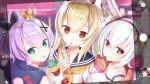  3girls :&lt; :p animal_ears ayanami_(azur_lane) azur_lane bangs bare_shoulders black_ribbon blonde_hair blurry blurry_background capriccio cellphone cellphone_picture closed_mouth commentary_request crepe crown depth_of_field double_scoop eyebrows_visible_through_hair food gloves green_eyes hair_between_eyes hair_ornament hair_ribbon hairband head_tilt headgear holding holding_food ice_cream ice_cream_cone iphone jacket javelin_(azur_lane) laffey_(azur_lane) long_hair long_sleeves looking_at_viewer looking_back mini_crown multiple_girls phone phone_screen pink_jacket ponytail purple_hair rabbit_ears red_eyes red_hairband ribbon shirt sidelocks silver_hair sleeveless sleeveless_shirt sleeves_past_wrists smartphone strap_slip tongue tongue_out translated twintails white_camisole white_gloves white_shirt yamashiro_(azur_lane) 