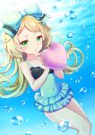  1girl atelier_(series) atelier_shallie bare_legs blonde_hair blue blue_background blue_bow blue_swimsuit bow bubble covered_navel cowboy_shot curly_hair curry_korokke expressionless green_eyes hair_bow heart jitome long_hair looking_at_viewer miruca_crotze solo swimsuit underwater 