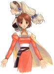  2girls 90s atelier_(series) atelier_elie atelier_marie blonde_hair brown_eyes brown_hair closed_mouth dress elfir_traum expressionless headdress long_hair looking_at_viewer low-tied_long_hair marie_(atelier) multiple_girls no_hat no_headwear official_art orange_dress ponytail profile short_hair signature simple_background twintails white_background yamagata_isaemon yellow_cape 