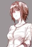  1girl bangs brown casual commentary_request eyebrows_visible_through_hair girls_und_panzer grey_background highres long_sleeves looking_at_viewer monochrome napata nishizumi_maho parted_lips shirt short_hair sketch smile solo striped striped_shirt upper_body 