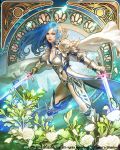  1girl armor blue_hair cape copyright_name derigal dragon&#039;s_shadow dual_wielding earrings eudia_(serenity2200) fantasy flower gauntlets greaves hair_flower hair_ornament jewelry looking_at_viewer official_art pendant solo standing sword watermark weapon white_cape 