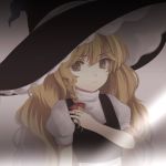  1girl big_hair blonde_hair braid commentary dark flat_chest frown hat highres kirisame_marisa long_hair looking_at_viewer mirror playing_with_own_hair puffy_short_sleeves puffy_sleeves reflection short_sleeves side_braid single_braid solo touhou very_long_hair vest wavy_hair witch_hat yellow_eyes yururi_nano 