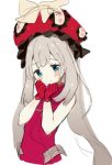  1girl :o blue_eyes blush commentary dress english_commentary eyebrows_visible_through_hair fate/grand_order fate_(series) gloves grey_hair hat long_hair looking_at_viewer marie_antoinette_(fate/grand_order) mochii parted_lips red_dress red_gloves simple_background sketch solo standing upper_body very_long_hair white_background 