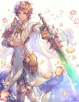 1boy brown_eyes brown_hair closed_mouth cosplay flower gran_(granblue_fantasy) granblue_fantasy hair_flower hair_ornament highres knights_of_glory looking_at_viewer male_focus simple_background smile solo sword the_glory the_glory_(cosplay) weapon white_background 