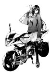  1girl bag commentary_request greyscale ground_vehicle highres holding_bag kurofood loafers long_hair monochrome motor_vehicle motorcycle original pantyhose school_uniform shoes simple_background skirt solo standing uniform white_background 