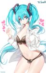  1girl aqua_eyes aqua_hair black_bra black_panties bra cowboy_shot damda hatsune_miku long_hair navel open_clothes open_shirt panties simple_background solo twintails underwear very_long_hair vocaloid white_background 