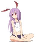  1girl animal_ears bangs barefoot breasts hair_over_breasts legs_crossed leon_(mikiri_hassha) long_hair looking_to_the_side midriff moon_rabbit navel purple_hair rabbit_ears red_eyes reisen_udongein_inaba singlet sitting solo touhou white_background white_singlet 