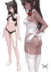  1girl animal_ears artist_name ass bare_arms bare_shoulders barefoot bikini black_bikini black_hair blush bow breasts breasts_apart bunny_tail bunnysuit cat_ears commentary_request criss-cross_halter expressionless fake_tail feet_out_of_frame fkey full_body garter_straps halterneck head_tilt highres looking_at_viewer medium_breasts multiple_views navel neck_bow original red_bow red_eyes red_neckwear sidelocks simple_background standing swimsuit tail thigh-highs white_background white_legwear 