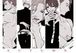  5boys ;d a3! back belt collarbone dimples_of_venus furuichi_sakyo fushimi_omi grin hips hyodou_juuza kitazawa_k looking_at_viewer male_focus multiple_boys nanao_taichi one_eye_closed open_mouth parted_lips pectorals settsu_banri shirtless short_hair smile tongue tongue_out undressing upper_body 