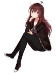  1girl absurdres ahoge black_footwear black_jacket black_pants blush brown_hair closed_mouth commission grey_eyes grey_shirt hand_up highres invisible_chair jacket long_hair mochii open_clothes open_jacket pants shirt shoes simple_background sitting smile solo w white_background 