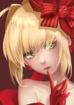  1girl absurdres ahoge bangs bare_shoulders blonde_hair bow collarbone earrings eyelashes eyes_visible_through_hair face fate/extra fate_(series) finger_to_mouth gloves green_eyes hair_bow hair_intakes head_tilt highres jewelry lips looking_to_the_side nero_claudius_(fate) nero_claudius_(fate)_(all) red_bow red_gloves red_lips solo yoruka_kii 