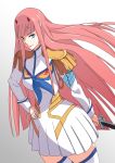  1girl aqua_eyes blue_neckwear boots cosplay darling_in_the_franxx dress epaulettes hand_on_hip highres holding holding_sword holding_weapon horns junketsu kill_la_kill kiryuuin_satsuki kiryuuin_satsuki_(cosplay) long_hair looking_at_viewer pink_hair solo straight_hair sungose sword thigh-highs thigh_boots trigger_(company) weapon white_dress zero_two_(darling_in_the_franxx) 