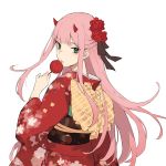  1girl aiko_(kanl) aqua_eyes bangs darling_in_the_franxx eyeshadow floral_print flower hair_flower hair_ornament holding horns japanese_clothes kimono long_sleeves looking_at_viewer looking_back makeup obi pink_hair sash simple_background solo straight_hair upper_body white_background yukata zero_two_(darling_in_the_franxx) 