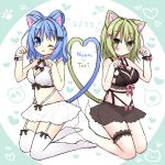  2girls ;3 animal_ears bangs bare_shoulders black_bow black_skirt blue_eyes blue_hair blush bow breasts cat_ears cat_girl cat_tail cleavage closed_mouth crop_top eyebrows_visible_through_hair garter_straps ghost_tail green_eyes green_hair hair_between_eyes hair_bow hair_rings heart heart_tail_duo highres himetsuki_luna kaku_seiga kemonomimi_mode kneeling leg_garter long_hair medium_breasts multiple_girls musical_note no_shoes paw_pose pink_bow quaver see-through skirt soga_no_tojiko spoken_heart spoken_musical_note tail thigh-highs touhou white_legwear white_skirt wrist_cuffs 