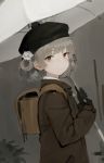  1girl backpack bag beret black_gloves blush bob_cut brown_bag brown_eyes brown_hair brown_jacket closed_mouth collared_shirt flower from_side gloves hat hatoba_tsugu hatoba_tsugu_(character) jacket looking_at_viewer randoseru shirt short_hair smile solo tommy830219 upper_body white_flower white_shirt white_umbrella 