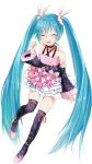  1girl absurdres alternate_costume aqua_hair black_legwear closed_eyes detached_sleeves eyebrows_visible_through_hair full_body hatsune_miku highres long_hair number_tattoo open_mouth scrunchie simple_background solo tattoo thigh-highs tsukiringo twintails very_long_hair vocaloid white_background 