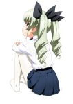  1girl absurdres anchovy anzio_school_uniform bangs black_skirt closed_mouth commentary cwind dress_shirt drill_hair eyebrows_visible_through_hair facing_away from_behind full_body girls_und_panzer green_hair highres leg_hug light_frown long_hair long_sleeves miniskirt pantyhose pleated_skirt red_eyes school_uniform shirt simple_background sitting skirt solo twin_drills twintails white_background white_legwear white_shirt 