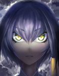  1girl airysher bangs commentary_request eyebrows_visible_through_hair face glowing glowing_eyes grey_hair hair_between_eyes highres kemono_friends looking_at_viewer shoebill_(kemono_friends) solo yellow_eyes 
