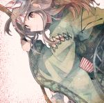  1girl armor blush bow_(weapon) closed_mouth fleeing gloves grey_hair itomugi-kun japanese_clothes kantai_collection kimono long_hair long_sleeves looking_at_viewer red_eyes simple_background solo weapon white_background zuihou_(kantai_collection) 