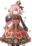  1boy ;d astolfo_(fate) bangs big_hair black_bow black_legwear bow braid brooch center_frills collar commentary_request cowboy_shot crown dot_nose dress dress_bow eyebrows_visible_through_hair fang fate/apocrypha fate_(series) frilled_collar frilled_dress frills gold_trim hair_between_eyes hair_bow hair_intakes hand_up head_tilt jewelry leopardtiger long_hair long_sleeves looking_at_viewer male_focus multicolored multicolored_clothes multicolored_dress one_eye_closed open_mouth pantyhose pink_hair puffy_long_sleeves puffy_sleeves red_bow ribbon ribbon-trimmed_dress simple_background single_braid smile solo standing standing_on_one_leg star striped striped_bow trap violet_eyes white_background yellow_ribbon 