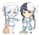  1boy 1girl apron blue_eyes broom cain7 chibi flying_sweatdrops green_eyes long_hair multicolored_hair open_mouth pointing short_hair silver_hair simple_background sweeping two-tone_hair vocaloid vocanese white_background yanhe yuezheng_longya 