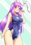  1girl animal_ears blue_swimsuit blush breasts competition_swimsuit d-m_(dii_emu) highres long_hair looking_at_viewer medium_breasts one-piece_swimsuit open_mouth purple_hair rabbit_ears reisen_udongein_inaba solo swimsuit touhou very_long_hair 