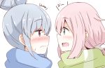  2girls aikawa_ryou bangs blue_hair blue_scarf blush closed_mouth commentary_request eye_contact eyebrows_visible_through_hair green_eyes green_scarf hair_between_eyes hair_ornament hair_scrunchie kagamihara_nadeshiko long_hair looking_at_another multiple_girls open_mouth pink_hair profile scarf scrunchie shima_rin sidelocks simple_background sweat translation_request violet_eyes wavy_mouth white_background white_scrunchie yuri yurucamp 