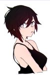  1girl breasts brown_hair esu_(transc) from_side grey_eyes hair_between_eyes highres medium_breasts parted_lips ruby_rose rwby short_hair simple_background solo tank_top upper_body white_background 
