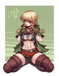  1girl black_bra blonde_hair blue_eyes boots bra braid breasts brown_gloves cleavage eyebrows eyebrows_visible_through_hair gloves highres karosu_maker large_breasts linkle long_hair looking_at_viewer pointy_ears shirt_lift shorts smile solo spread_legs squatting the_legend_of_zelda thigh-highs thigh_boots toned twin_braids underwear zelda_musou 