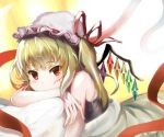  1860_(ichi) 1girl bare_shoulders blonde_hair camisole covering_mouth crystal eyebrows_visible_through_hair flandre_scarlet gradient gradient_background hat hat_ribbon head_rest looking_at_viewer mob_cap pillow red_eyes red_ribbon ribbon short_hair side_ponytail solo touhou under_covers white_background wings yellow_background 