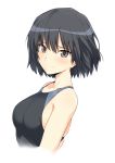  1girl amagami black_eyes black_hair blush breasts closed_mouth competition_swimsuit from_side harukon_(halcon) highres looking_at_viewer medium_breasts nanasaki_ai one-piece_swimsuit short_hair simple_background skindentation smile solo swimsuit upper_body white_background 