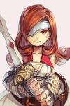  1girl beatrix belt breasts brown_eyes brown_hair closed_mouth curly_hair final_fantasy final_fantasy_ix fingerless_gloves gloves grey_background hankuri holding holding_sword holding_weapon looking_at_viewer medium_breasts one_eye_covered simple_background slit_pupils smile solo sword two-handed upper_body vambraces weapon wing_collar 