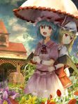  2girls :d :t absurdres bat_wings blonde_hair blouse blue_hair brooch building clouds cloudy_sky commentary_request cowboy_shot cravat day ekaapetto flandre_scarlet flower garden hat hat_ribbon highres holding holding_umbrella jewelry light_particles looking_at_viewer looking_to_the_side mob_cap multiple_girls open_mouth outdoors parasol pink_blouse pink_skirt pout puffy_short_sleeves puffy_sleeves red_eyes red_neckwear red_skirt red_vest remilia_scarlet ribbon scenery short_hair short_sleeves siblings side_ponytail sisters skirt skirt_set sky smile standing touhou umbrella vest wings wrist_cuffs 