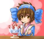  1girl ainu_clothes bow brown_eyes brown_hair commentary food fruit hairband kozuka mixed_media nib_pen_(medium) parfait rimururu samurai_spirits short_hair smile solo spiky_hair spoon strawberry table traditional_media upper_body 