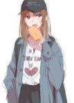  1girl baseball_cap black_hat brown_hair clothes_writing commentary dated food hand_in_pocket hand_up hat highres long_sleeves monsieur open_mouth original popsicle shirt sketch skirt sleeves_past_wrists solo violet_eyes white_shirt 