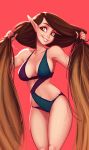  1girl bare_shoulders bikini breasts brown_eyes brown_hair carlos_eduardo cleavage commentary grin highres hips long_hair looking_at_viewer medium_breasts navel nose original pointy_ears red_background simple_background smile solo swimsuit thighs twintails very_long_hair 