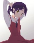  1girl bangs bow choker commentary dress eyebrows_visible_through_hair gegege_no_kitarou highres long_sleeves looking_to_the_side nekomusume nekomusume_(gegege_no_kitarou_6) pointy_ears purple_hair red_bow red_choker red_dress shirt short_hair solo tendot tsurime tying_hair white_background white_shirt yellow_eyes 