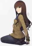  1girl ass blue_neckwear blush bow bowtie brown_eyes brown_hair cardigan commentary_request eyebrows_visible_through_hair fate/extra fate_(series) feet grey_background hands_on_feet highres kishinami_hakuno_(female) long_sleeves looking_at_viewer looking_back no_shoes pantyhose parted_lips seiza simple_background sitting solo toes walzrj 